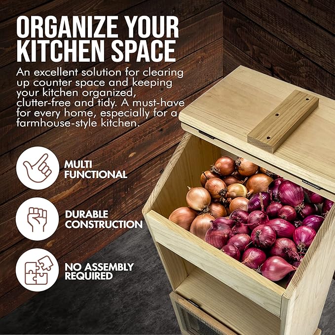 Peaceful Classics Wooden Bread Storage Bins, Decorative Potato and Onion Storage Bin, Potato Bin, Wooden Vegetable Storage w/Lid for Kitchen Pantry, Unfinished, 17"W x 12"D x 35"H