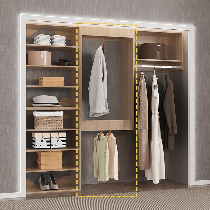 Double Hanging Closet Unit, Modular Closet System, Wood Closet System Organizer with Storage for Walk in Closets, Clothing Rack Wardrobe Closet for Hanging Clothes, Bedroom, Wood, 25.5" W
