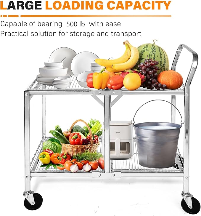 Collapsible 2 Shelf Wire Cart, Heavy Duty Collapsible Wire Rolling Utility Cart with Locking Brakes, 500lb Capacity, Folds Up for Storage, Chrome, 37.5" x 20.4" W x 36.2" H
