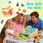 Wooden Cash Register for Kids with Shopping Cart Rechargeable Kid Cash Register with Scanner Gift for Kid Age 3 4 5 6 7 8 9 Year Old Pretend Play for Toddlers Toys for 3-12 Year Old Kids