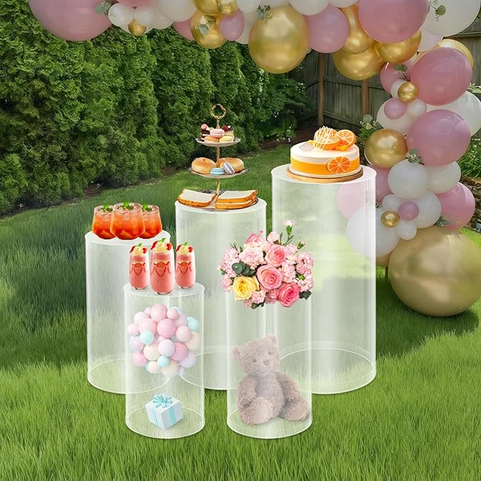 5 Pcs Wedding Cylinder Stands, Clear Acrylic Round Pedestal Stand, Floor Standing Clear Cylinder Stands for Wedding Birthday Party 19.6'', 21.6'', 23.6'', 29.5'', 35.4'' H