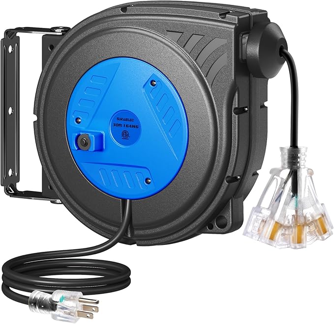 SURAIELEC 30 FT Retractable Extension Cord Reel, 16 Gauge Power Cord with 3 Lighted Outlets, 10A Circuit Breaker, Wall/Ceiling Mount for Garage, Workshop, ETL Listed, Blue