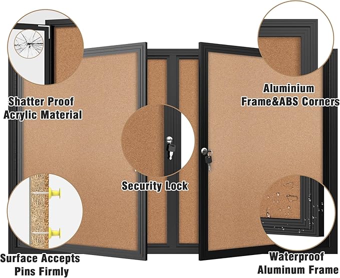 Mifuro 48"x30" Enclosed Bulletin Board, Outdoor Lockable Weather-Resistant Aluminum Cork Noticeboard for School & Office,Black Frame w/Cork