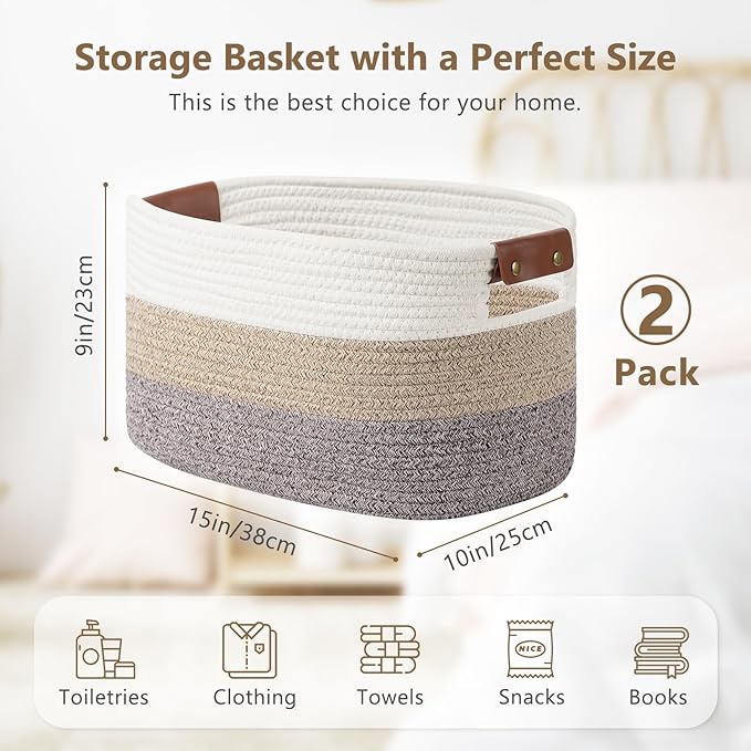 Cotton Rope Basket, Storage Baskets with Handle, 15x10x9 Inch Woven Basket for Shelves, Laundry, Towels, Clothes, Books, (Gradient Brown 2 Pack)