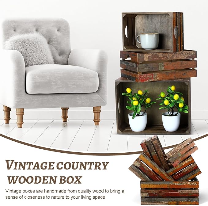 Barydat Set of 5 Wood Crates for Display Decorative Nesting Wooden Crate Storage with Handles Vintage Farmhouse Style Decorative Boxes Multipurpose Fruits Vegetables Boxes(Colored Drawing,Random)