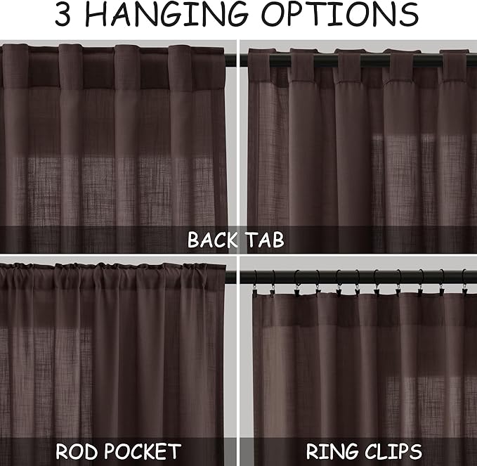 Nanspring Linen Curtains for Bedroom Back Tab Light Filtering Privacy Semi Sheer Drapes Modern Farmhouse Decor Linen Textured Gauze Curtain for Living Room Bathroom 2 Panels Set Coffee 52x72