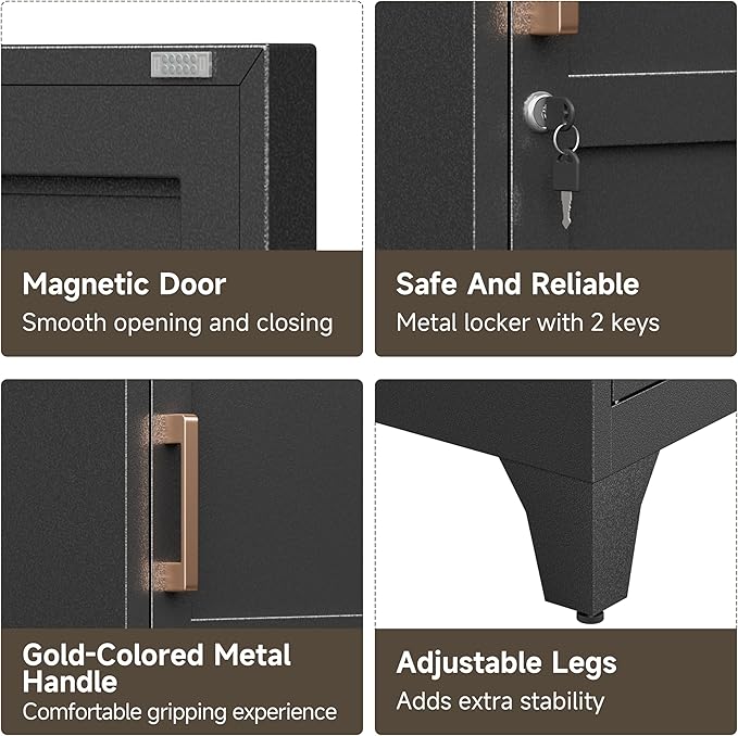 Bestoo Metal Locking Cabinet, 46" H Storage Locker with 1 Magnetic Door and 2 Adjustable Shelves, 3-Tier Black Storage Cabinet for Bathroom, Kitchen, Pantry, Home, Office, Garage