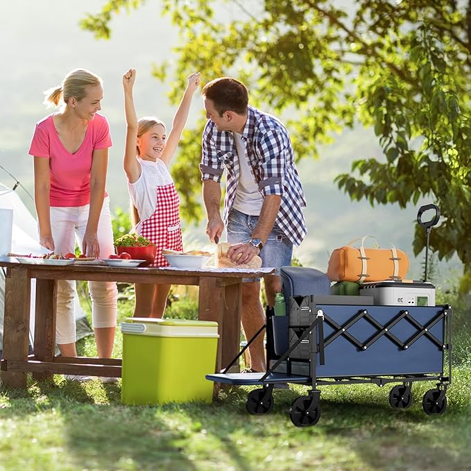 Collapsible Wagon with Wheels & Tailgate, 350LBS Wagons Carts Foldable Heavy Duty, Lightweight Portable Folding Utility Wagon Grocery Shopping Cart for Garden, Camping, Beach (Navy)