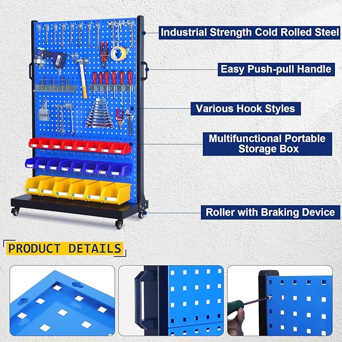 Heavy Duty Metal Shelving Unit, Mobile Garage Storage Rack with Adjustable Shelves, Tool Hooks & Organizer Bins for Screw, Bolt & Parts Organization