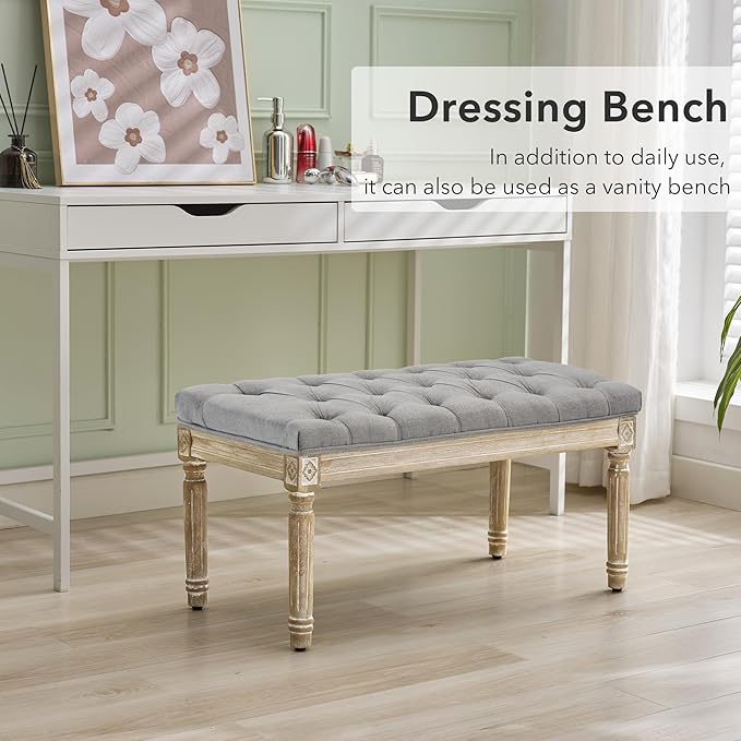 LOULENS French Vintage Bench, Linen Fabric Entryway Bench, Upholstered Tufted End of Bed Bench with Brushed Wood Legs, Grey
