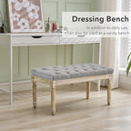 LOULENS French Vintage Bench, Linen Fabric Entryway Bench, Upholstered Tufted End of Bed Bench with Brushed Wood Legs, Grey