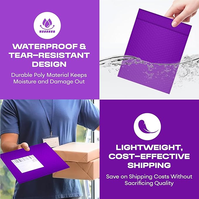 Purple Large Poly Bubble Mailers 9.5x14.5 inch #4 | Self Seal Padded Envelopes Cushioned Bubble Mailer | Usable Size 9.5x13.5 | WaterProof | Lightweight mailing Shipping Bags | 100 Pack Bulk