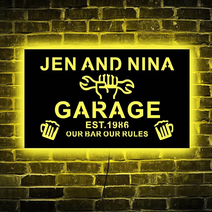 Custom Garage LED Sign, 12.0 inches × 7.0 inches, Wood, Art Deco, Personalized Garage Neon Light, Wall Mount, Neon Light, Property Decorative Signage