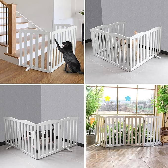 Freestanding Dog Gate Indoor,Doggie Gate Foldable Dog Gates for Doorways,Stairs or Hallways, Wooden White Pet Gate for The House, Pet Fence with Support Feet Included,24 "Height-6 Panels