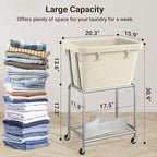 ELYKEN Laundry Cart with Wheels, Rolling Laundry Hamper with Removable Bag and Shelf, Metal Frame Laundry Basket with 4 Casters and 2 Brakes, Ideal for Bedroom, Bathroom, Laundry Room, Cream