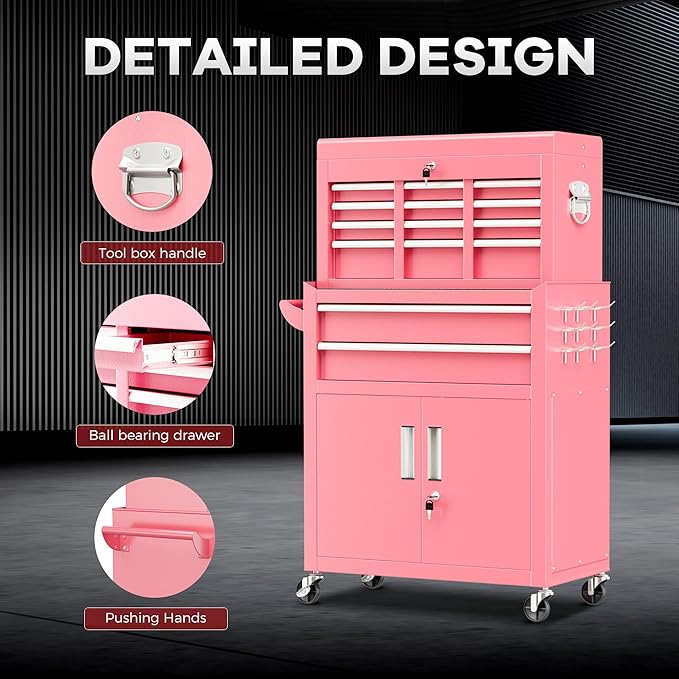 Bonusall 8 Drawer Rolling Tool Chest and Cabinet Combo,Heavy-Duty Metal Garage Tool Chest with Wheels and 2 Doors,2-in-1 Top Box and Roller Cabinet Combo for Garage, Workshop, Warehouse-Pink