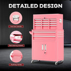 Bonusall 8 Drawer Rolling Tool Chest and Cabinet Combo,Heavy-Duty Metal Garage Tool Chest with Wheels and 2 Doors,2-in-1 Top Box and Roller Cabinet Combo for Garage, Workshop, Warehouse-Pink