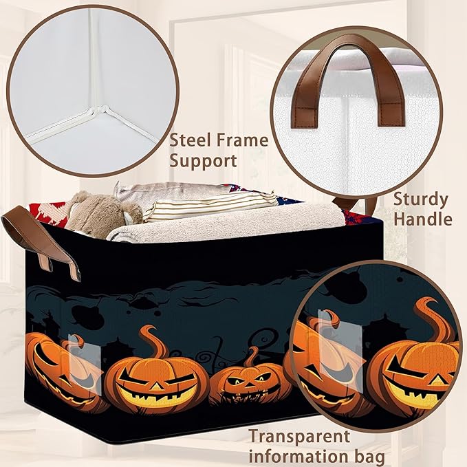 Halloween Pumpkin Storage Basket Large 17x11.5x10.5 Inche-Collapsible Fabric Organizer Bin with Handles for Fall Decor, Party Supplies, Nursery-Decorative Hamper with Jack-O-Lantern -Single Pack