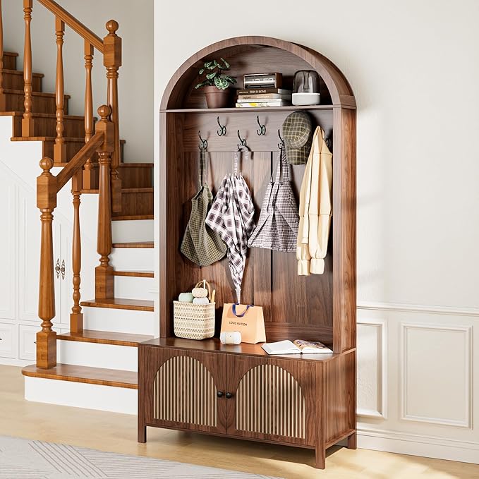 Hall Tree with Bench and Shoe Storage, 78.74" Entryway Storage Bench with 7 Hooks and 2 Adjustable Shelves,Arch Coat Rack Freestanding Retro Hall Tree Organizer for Hallway,Mud Room,Entryway (39.37"W)