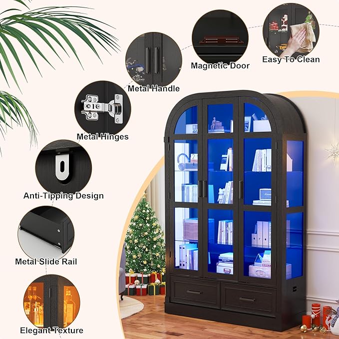 Arched Display Cabinet with 3 Glass Doors,5-Tier Curio Cabinet W/3 Color Lights for Collectibles,78'' Tall Curio Cabinet W/2 Drawers,Modern Display Case W/Human Body Sensor for Living/Game Room,Black