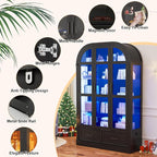 Arched Display Cabinet with 3 Glass Doors,5-Tier Curio Cabinet W/3 Color Lights for Collectibles,78'' Tall Curio Cabinet W/2 Drawers,Modern Display Case W/Human Body Sensor for Living/Game Room,Black