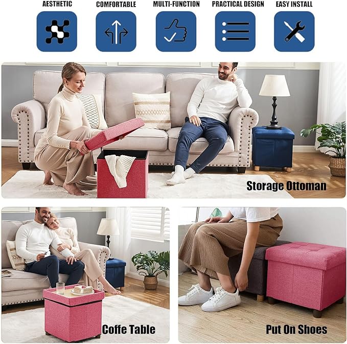 BRIAN & DANY Small Ottoman with Storage, Small Storage Ottoman, Folding Foot Stool with Wood Legs for Living Room and Bedroom Linen Rest Seat, 12.6"x12.6"x12.8" - Hot Pink