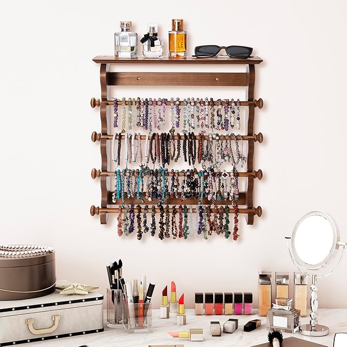 Donmills 4-Tier Wall-Mounted Wooden Bracelet Holder – Brown Jewelry Display Rack with Top Shelf for Perfume, Sunglasses & Accessories – Hanging Organizer for Bracelets, Bangles, Watches & Necklaces