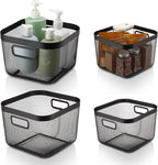 4 Pack Metal Mesh Basket with Hollow Handles Black Wire Storage Bin for Organizing Stackable Metal Fine Mesh Basket for Pantry Bathroom Kitchen Cabinets Shelves (Medium and Large)