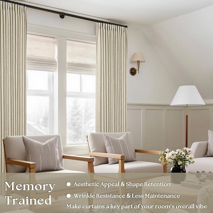 Beige Linen Pinch Pleated 120 Inch Curtains 2 Panels for Living Room Bedroom Memory Training Shape Semi Sheer Neutral Flax Pinch Pleat Drapes with Hooks Rings Light Filtering Window Curtain 40x120