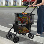 Foldable Shopping Cart, 110lbs Grocery Stroller with Removable Basket, Portable Personal Collapsible Cart with Wheels, Snack Storage Utility Cart for Supermarket Living Room Grocery