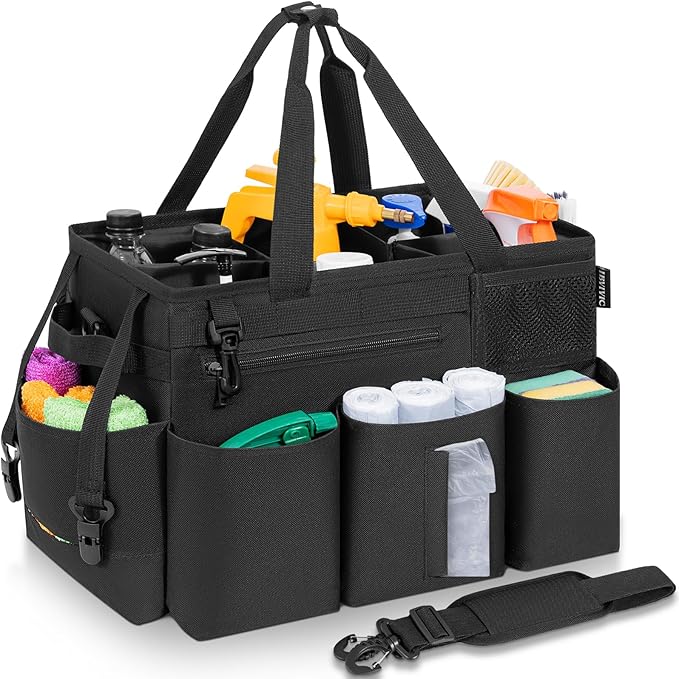 Wearable Cleaning Caddy Bag for Cleaning Supplies, Large Capacity Cleaning Organizer Tote Bag Kitchen Cleaning Supplies Storage Bag for Cleaners Housekeepers (Black)