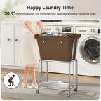 ELYKEN Laundry Cart with Wheels, Rolling Laundry Hamper with Removable Bag and Shelf, Metal Frame Laundry Basket with 4 Casters and 2 Brakes, Ideal for Bedroom, Bathroom, Laundry Room, Camel Brown