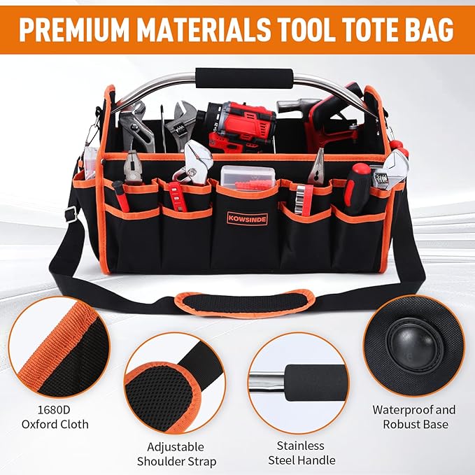 16 Inch Tool Bag, Electrician Tool Bag, Open Top Tool Bags, 26 Pockets Can Hold Many Tools, Steel Handle and Removable Shoulder Strap