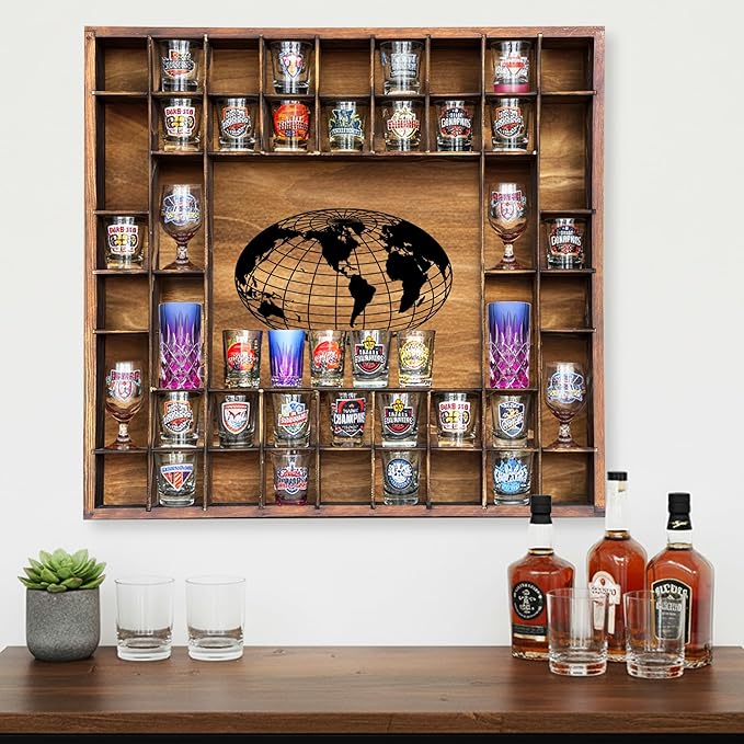48 Shot Glass Display Case with Large World Map,28" x 27“ Solid Wood Shot Glass Holder,Wall Mounted Bar Cabinet for Wineglass Storage Decor (Brown)