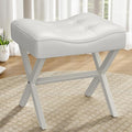18-Inch Large Leather Vanity Stool, Vanity Chair with Metal X-Leg, Ottoman Accent Stool with Thick Padded Saddle Seat, White