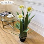 33 Inch Large Artificial Cactus with Lilly White Flowers in Pot with Natural Gravel. Satin Finish Leaves with Real Look and Feel. Outdoor and Indoor Faux Plants.