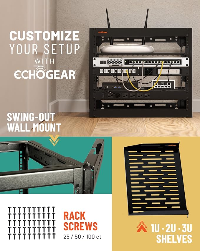 ECHOGEAR 10U Network Rack - Wall Mountable Heavy Duty 4 Post Design Holds All Your Networking & AV Gear - Open Frame Design Includes 2 1U Vented Shelves & Mounting Hardware