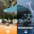 CROWN SHADES 10x10 Pop Up Canopy Tent - Patented Center Lock One Push Instant Outdoor Canopy Beach Tent with STO-N-Go Bag 8 Stakes & 4 Sand Bags，Cyan Blue