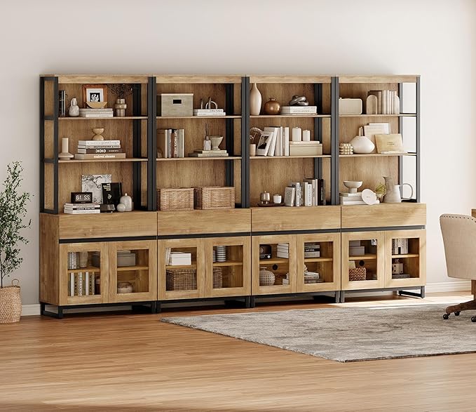 WAMPAT 4 PCS Modern 72" Tall Bookcase with 4 Drawers and Open Book Shelfs, Library Book Shelf with Storage Cabinet and Glass Doors, Wood Freestanding Bookshelves for Home Office, Living Room, Oak