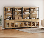 WAMPAT 4 PCS Modern 72" Tall Bookcase with 4 Drawers and Open Book Shelfs, Library Book Shelf with Storage Cabinet and Glass Doors, Wood Freestanding Bookshelves for Home Office, Living Room, Oak