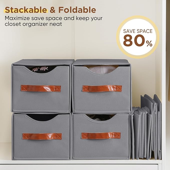 4 Pack Stackable Storage Drawers, Fabric Closet Organizers and Storage with Handles and Clear Window, Pull-Out Clothes Storage Bins with Drawer for Closet, Bedroom, Living Room, Under Bed, Gray