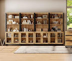 WAMPAT 4 PCS Modern 72" Tall Bookcases with Glass Doors and Adjustable Shelves, Library Book Shelf with Storage Cabinet and Open Book Shelfs, Wood Bookshelves for Home Office, Living Room, Oak