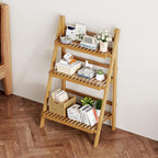 39.4" Foldable Plant Shelf Ladder Shelf, 3 Tier Bamboo Ladder Flower Pot Display Shelf, Freestanding Ladder Bookshelf for Garden, Balcony, Yard, Living Room, 23.6"W x 15"D x 39.4"H, Natural