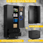 Aobabo 2 Large Drawer Metal Storage Cabinet with Wheels, Lockable Steel Storage Cabinet with 3 Adjustable Shelves and 6 Hooks for Home, Office, Garage, Classroom, Black, Assembly Required
