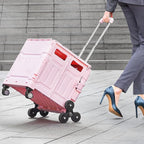 VEVOR Foldable Utility Cart, 65L Collapsible Portable Crate Rolling Cart with Stair Climbing Wheels & 360° Swivel Wheels, Hand Cart with Telescoping Handle for Shopping Office Moving Teacher, Pink