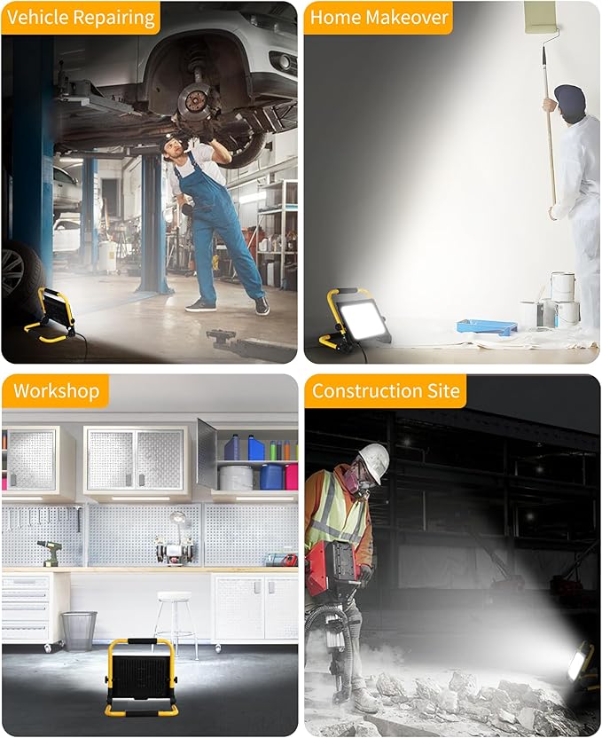8400LM LED Work Light with 16FT Cord & Switch, 70W Outdoor Flood Light, IP66 Waterproof Portable Job Site Lighting with Stand, 5000K Dayight Worklight for Construction Garage Workshop Car Repairing