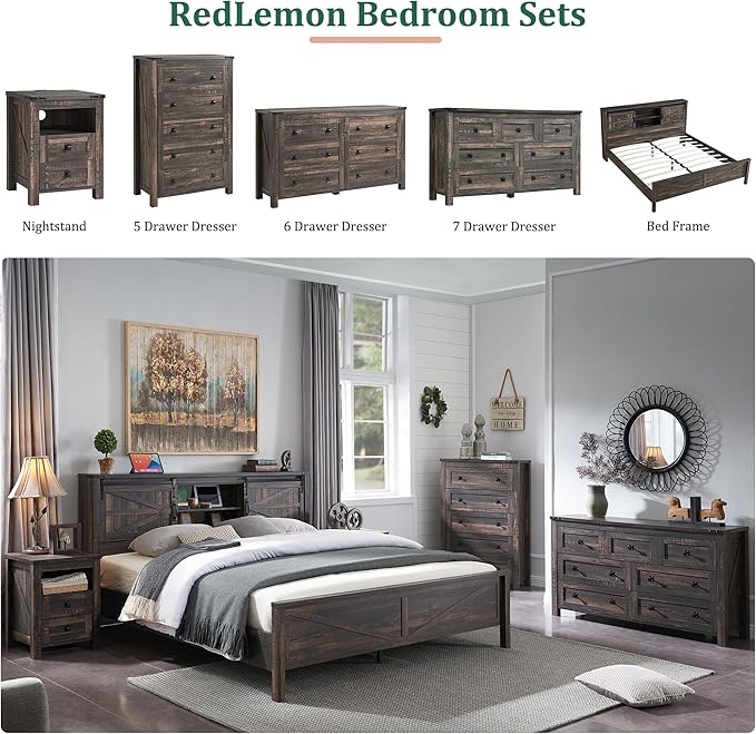 RedLemon Farmhouse 5 Drawer Dresser, 48" Tall Rustic Chest of Drawers, Wood Dresser for Bedroom, Living Room, Hallway, Dark Rustic Oak