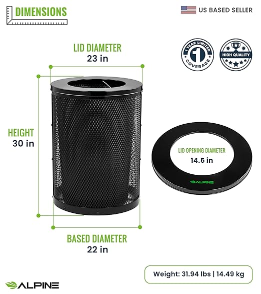 Alpine Outdoor Trash Can 36 Gallon Diamond Steel Commercial Metal Waste Bin with Leak Proof Liner, Heavy Duty Steel Mesh Design, Flat Wide Open Top Lid for Parks, Streets, and Public Spaces-Black