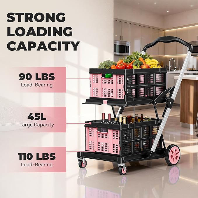 Collapsible Shopping Cart with Wheels, 8-in-1 200LBS Capacity Grocery Cart on Wheels with 2 Storage Crate, Folding Utility Cart for Shopping, Travel, Supermarket, Office, Pink