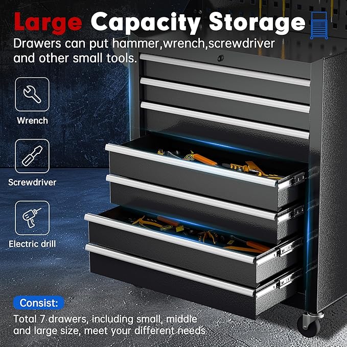 Superday Rolling Tool Chest, 7 Drawer Portable Tool Chest with Wheels, Tool Storage Cabinet with Lock for Garage, Steel Tool Cart with Pegboard & Hooks for Workshop, Warehouse (Black)